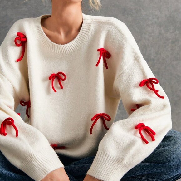 Apricot Casual Women's Christmas Cute Bow Decor Sweater - Picture 4 of 7